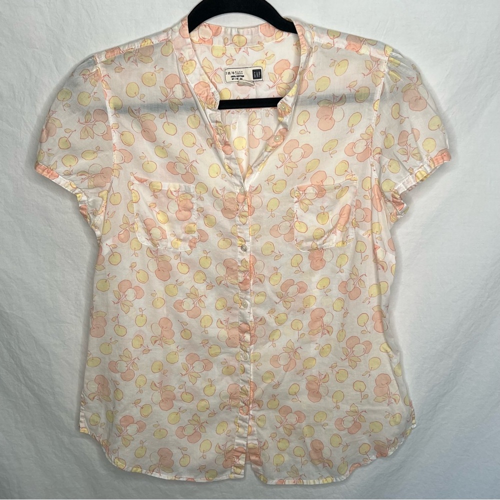 GAP Y2K Sheer Button Up Top Off White Cherries Fruit Blouse Cotton Sz 10 Cap Slv